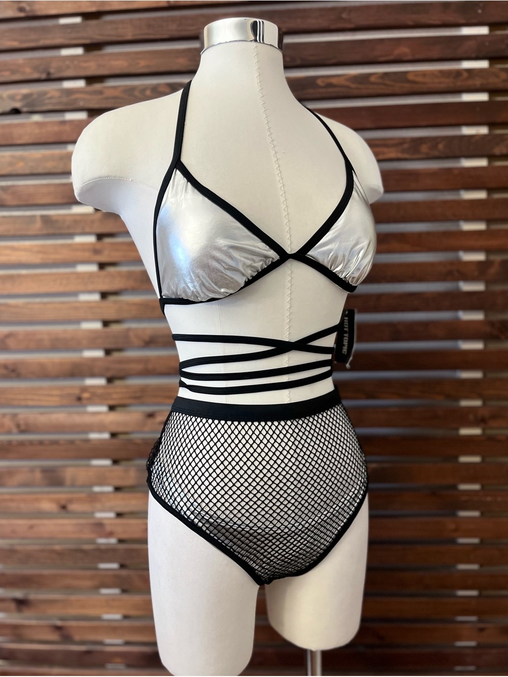 NWT Hot Topic Black & Silver Mesh Wrap Tie Waist Two Piece Bikini Swimsuit Set L